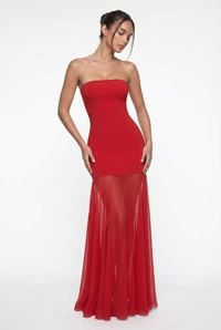 Avery Strapless Sculpted Maxi Dress with Scarf - Red