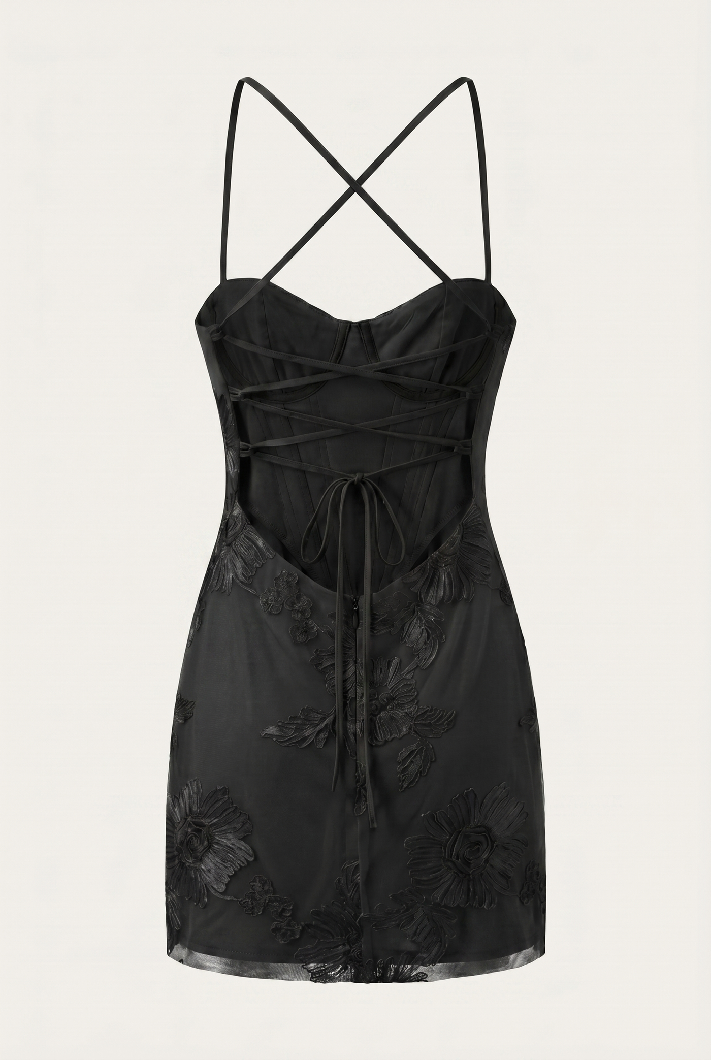 Birgit Floral Lace-Up Mini Dress – Black
