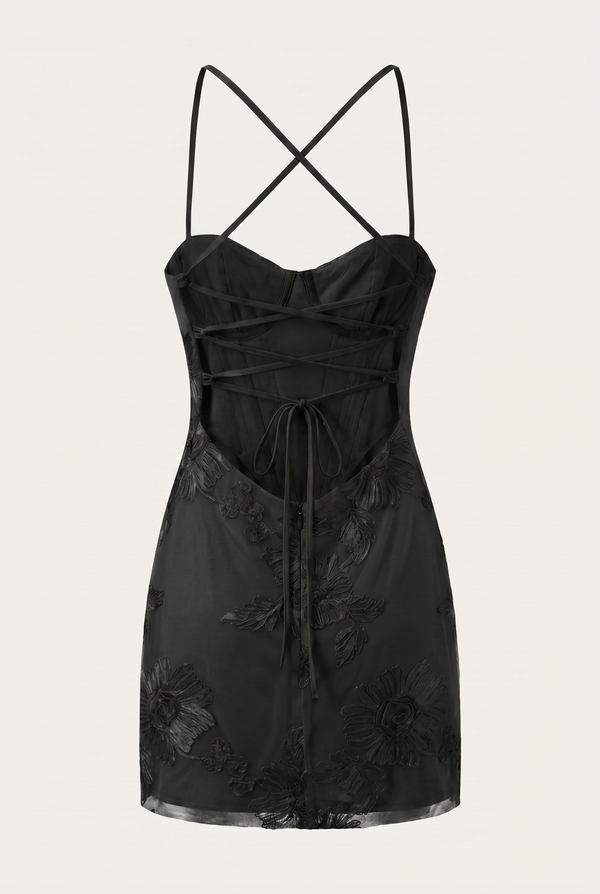 Birgit Floral Lace-Up Mini Dress – Black