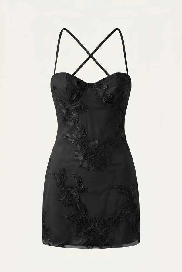 Birgit Floral Lace-Up Mini Dress – Black