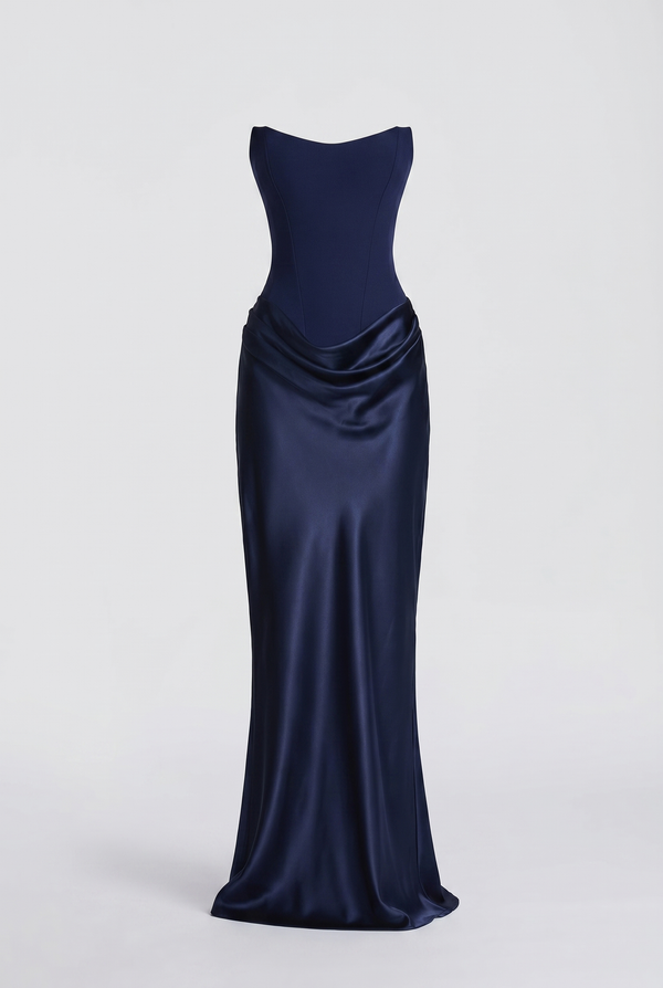 Nola Corset Ruched Maxi Dress - Navy Blue