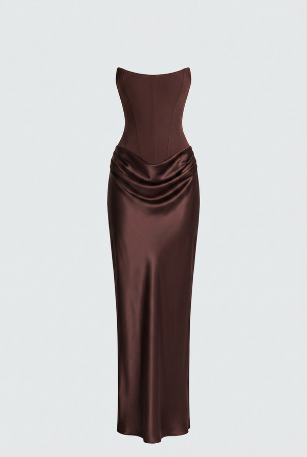 Nola Corset Ruched Maxi Dress - Brown