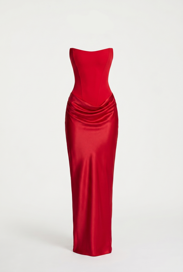 Nola Corset Ruched Maxi Dress - Red