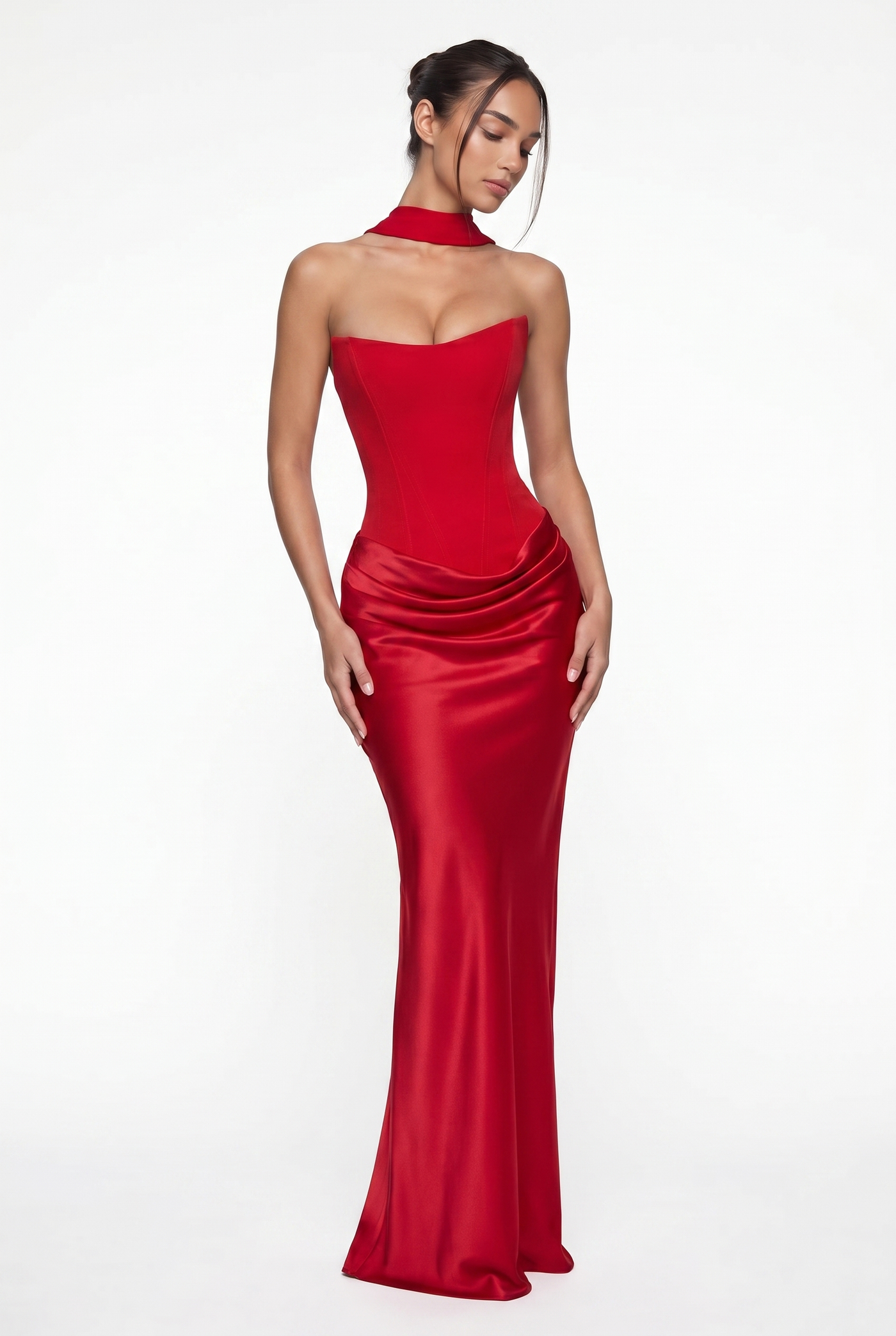 Nola Corset Ruched Maxi Dress - Red