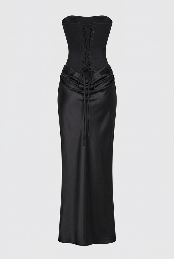 Nola Corset Ruched Maxi Dress - Black