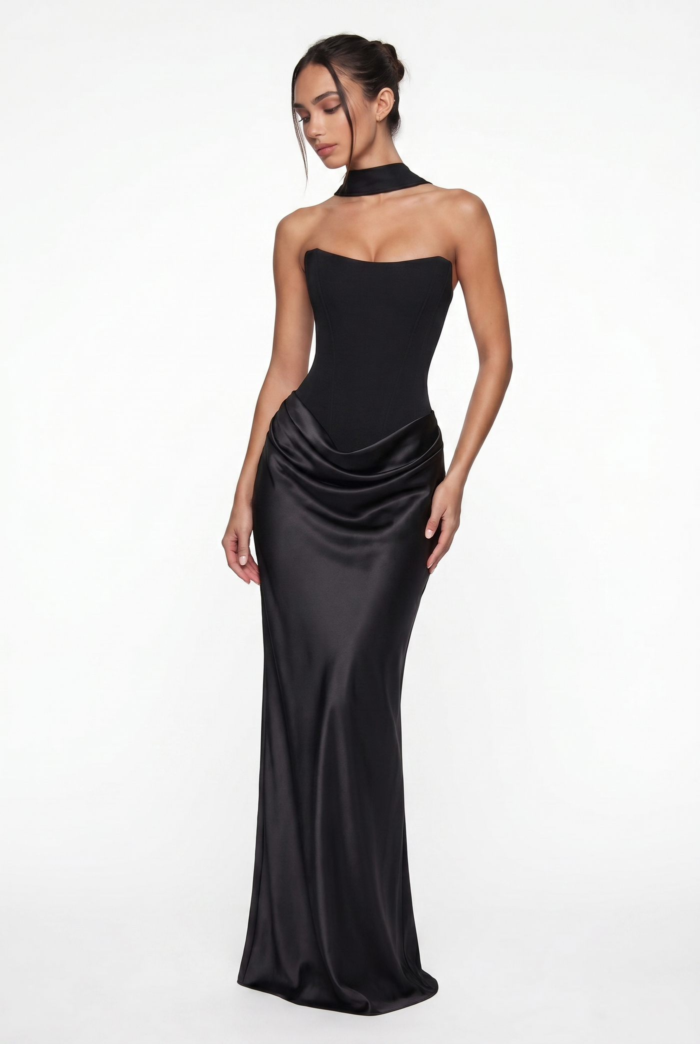 Nola Corset Ruched Maxi Dress - Black