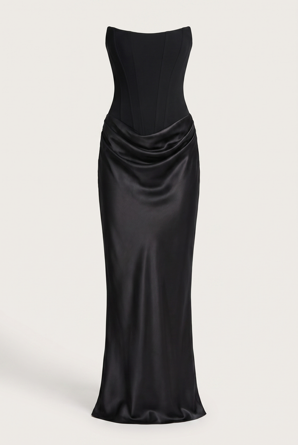 Nola Corset Ruched Maxi Dress - Black
