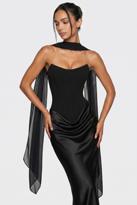 Nola Corset Ruched Maxi Dress - Black