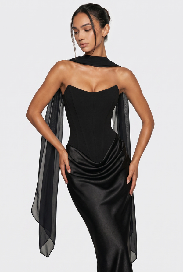 Nola Corset Ruched Maxi Dress - Black