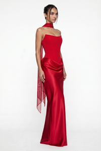 Nola Corset Ruched Maxi Dress - Red