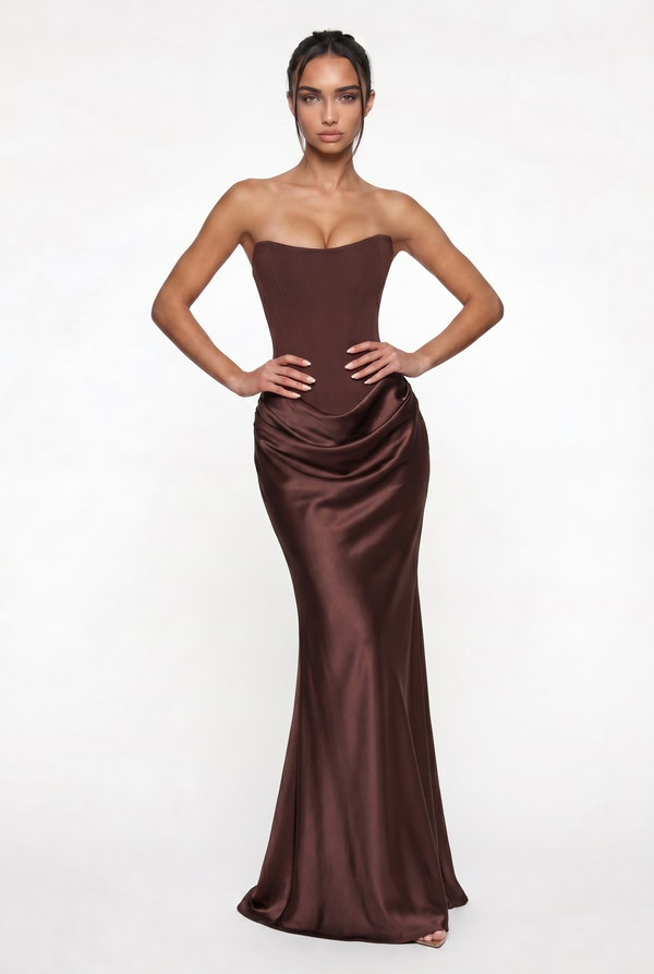 Nola Corset Ruched Maxi Dress - Brown