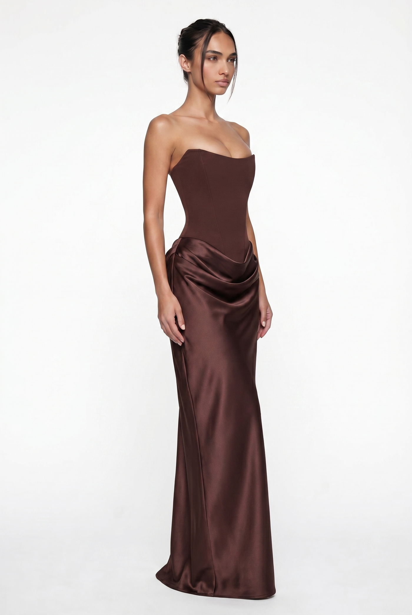 Nola Corset Ruched Maxi Dress - Brown
