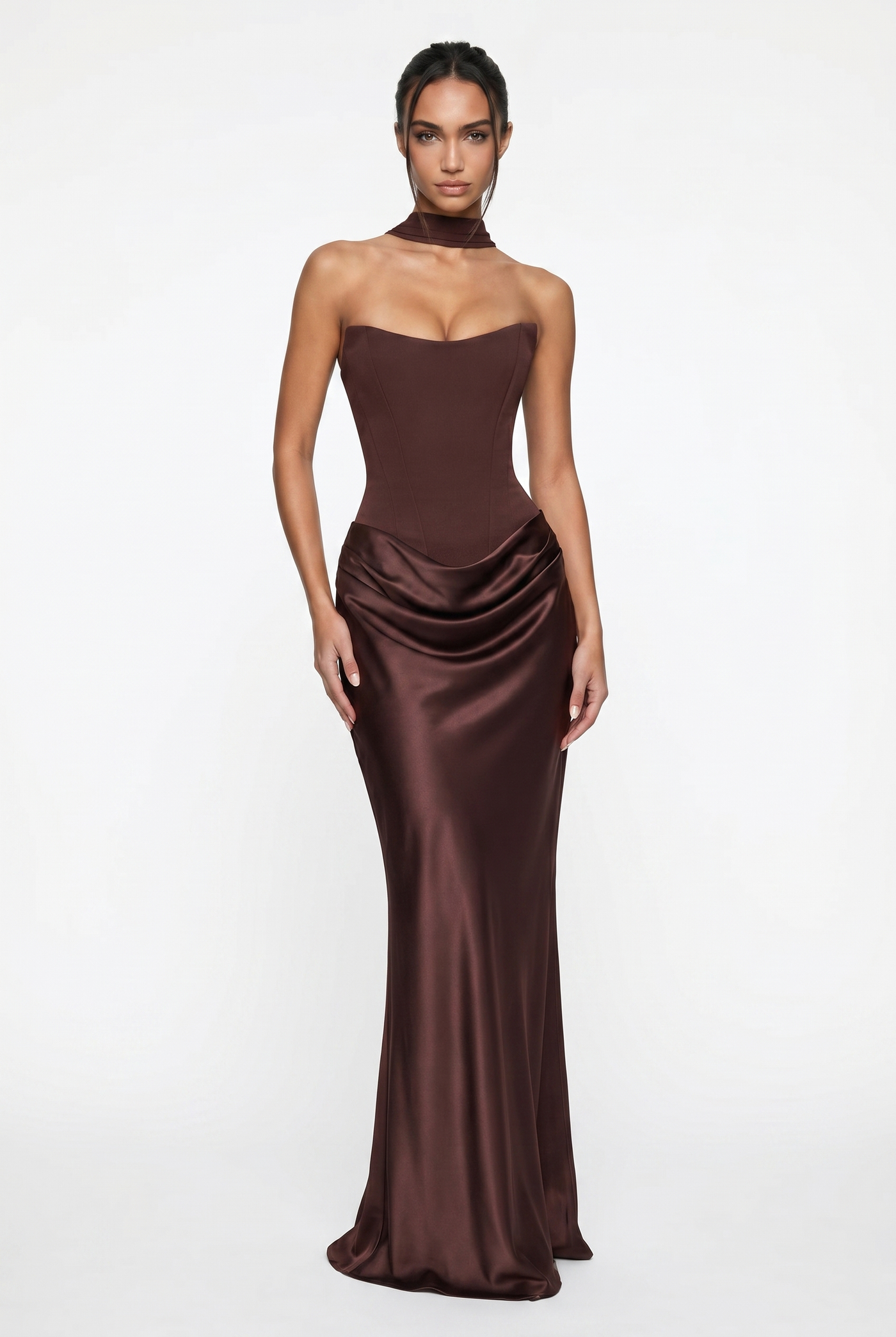 Nola Corset Ruched Maxi Dress - Brown
