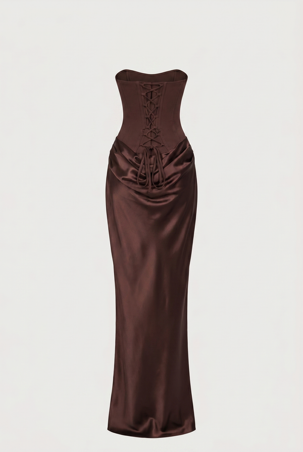 Nola Corset Ruched Maxi Dress - Brown