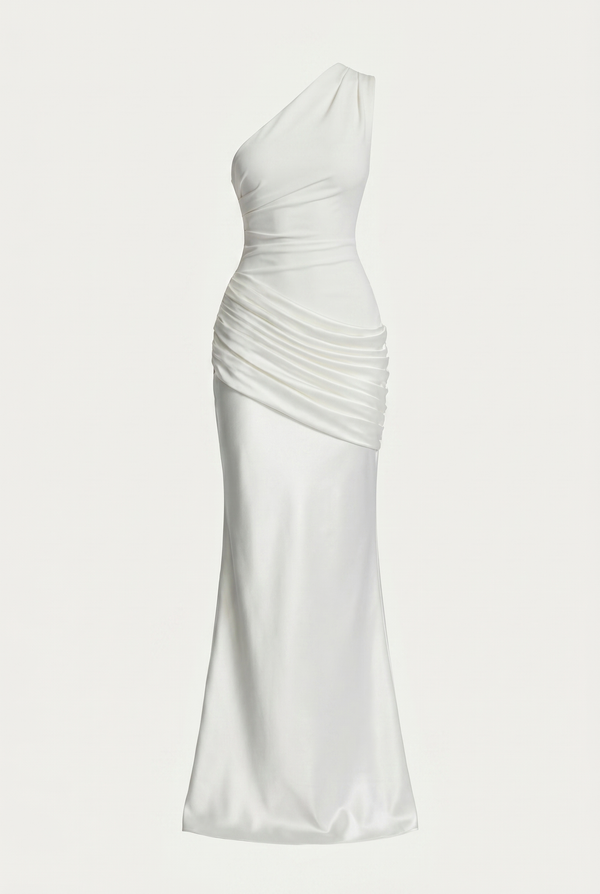 Liliane Asymmetric Draped Satin Maxi Dress - White