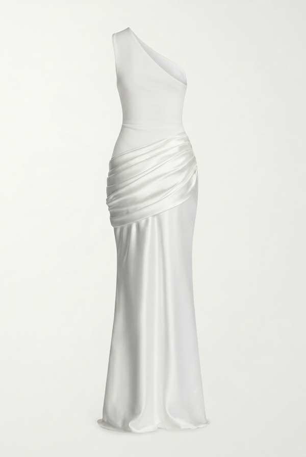 Liliane Asymmetric Draped Satin Maxi Dress - White