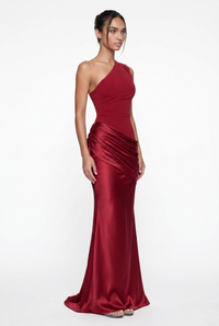 Liliane Asymmetric Draped Satin Maxi Dress - Red