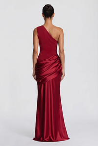 Liliane Asymmetric Draped Satin Maxi Dress - Red