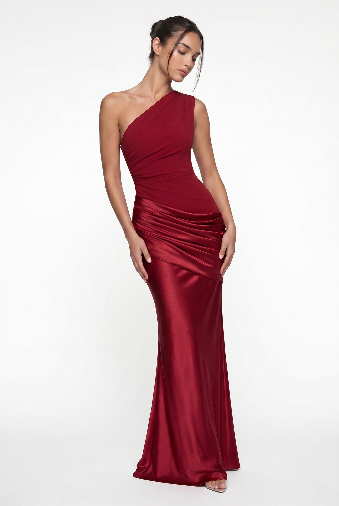Liliane Asymmetric Draped Satin Maxi Dress - Red