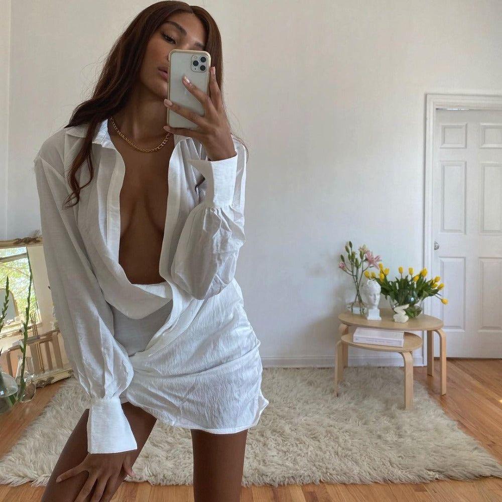 Ivonette Linen Ruched Shirt Mini Dress - S / White - Be My Shine