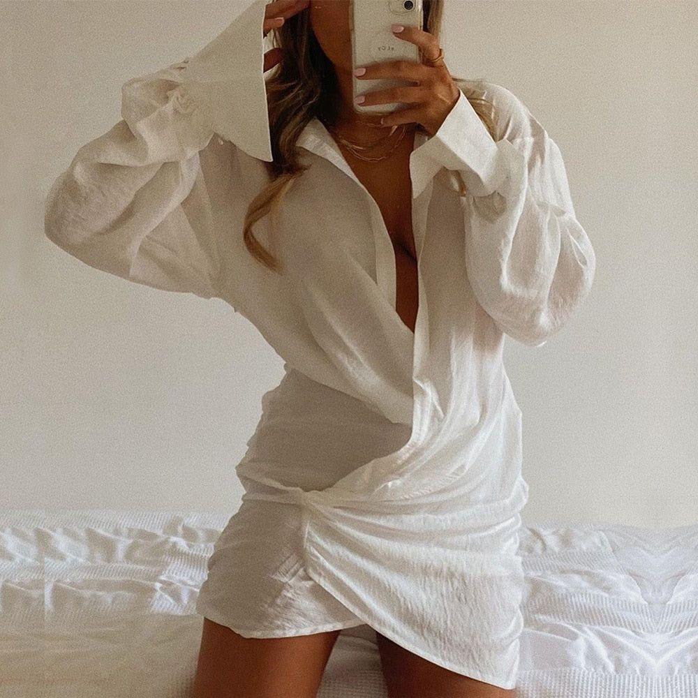 Ivonette Linen Ruched Shirt Mini Dress - S / White - Be My Shine