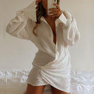 Ivonette Linen Ruched Shirt Mini Dress - S / White - Be My Shine