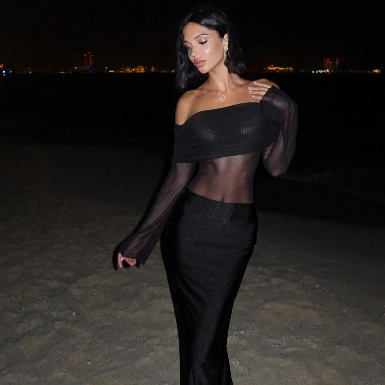 Joceline Mesh Off Shoulder Maxi Dress - Black / S - Be My Shine