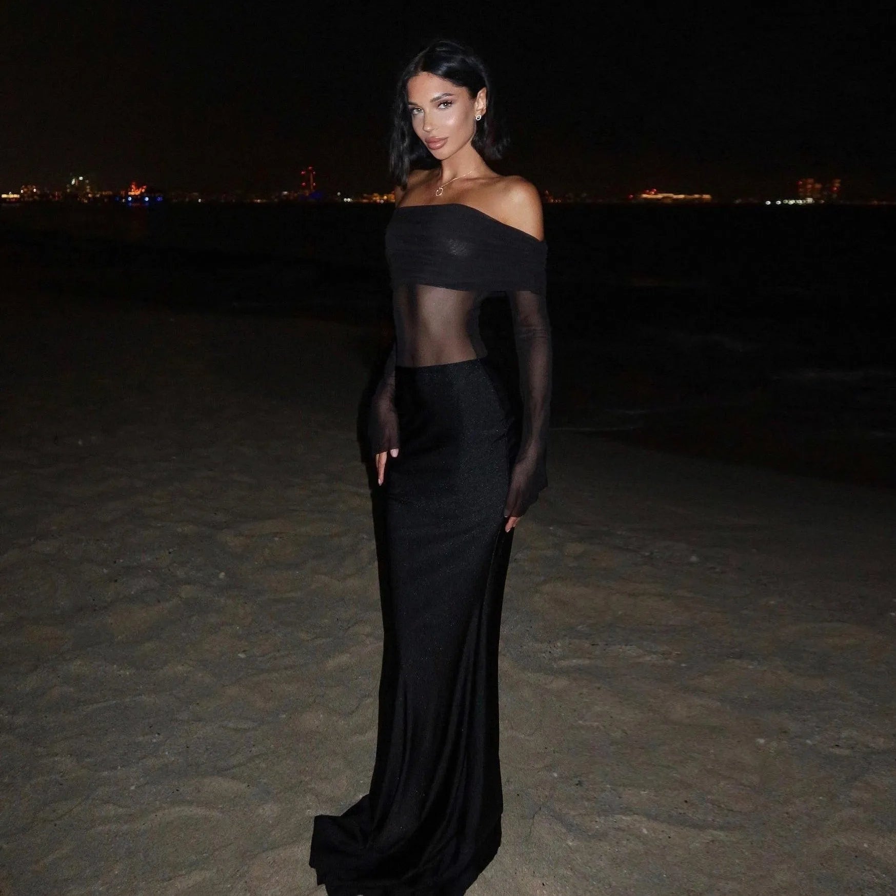 Joceline Mesh Off Shoulder Maxi Dress - Black / S - Be My Shine