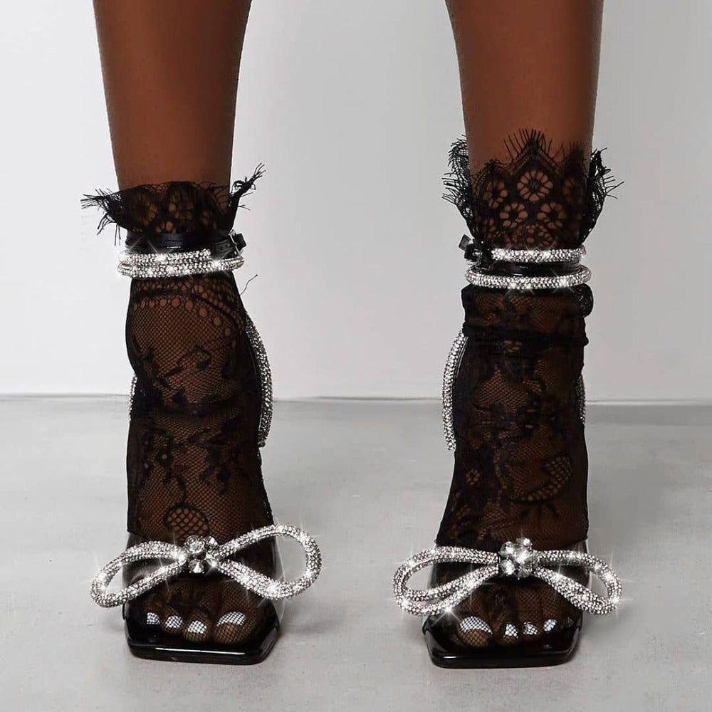 Justina Diamond Bow Wrap Around Ankle Heels - Black / 4 - Be My Shine