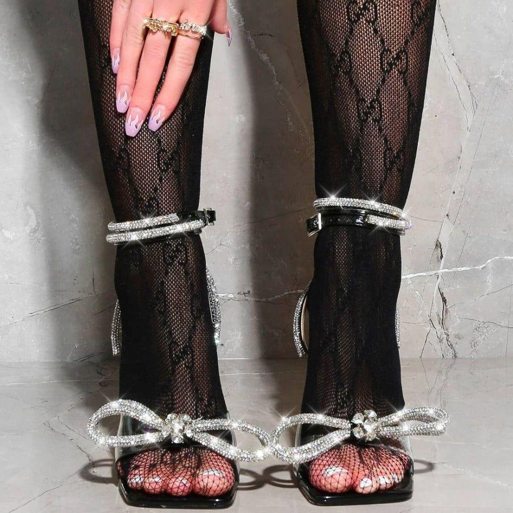 Justina Diamond Bow Wrap Around Ankle Heels - Black / 4 - Be My Shine