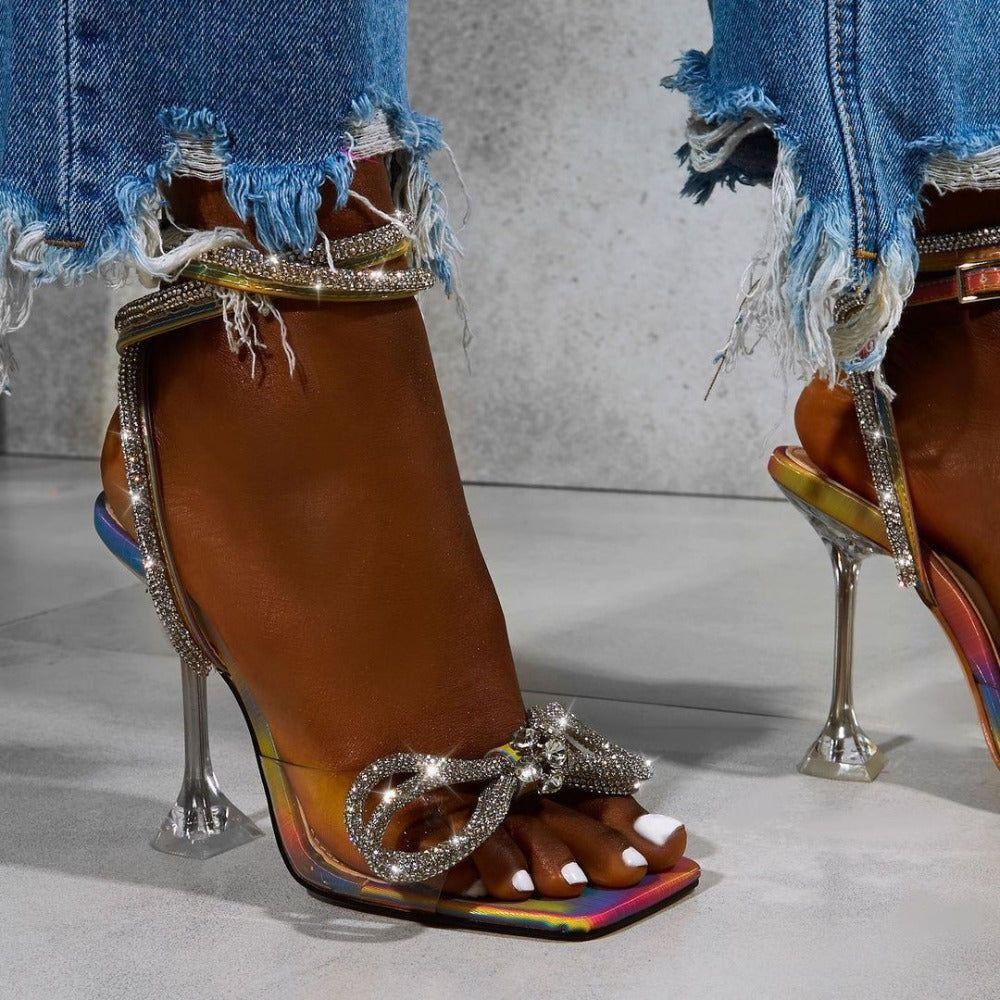 Justina Diamond Bow Wrap Around Ankle Heels - Black / 4 - Be My Shine