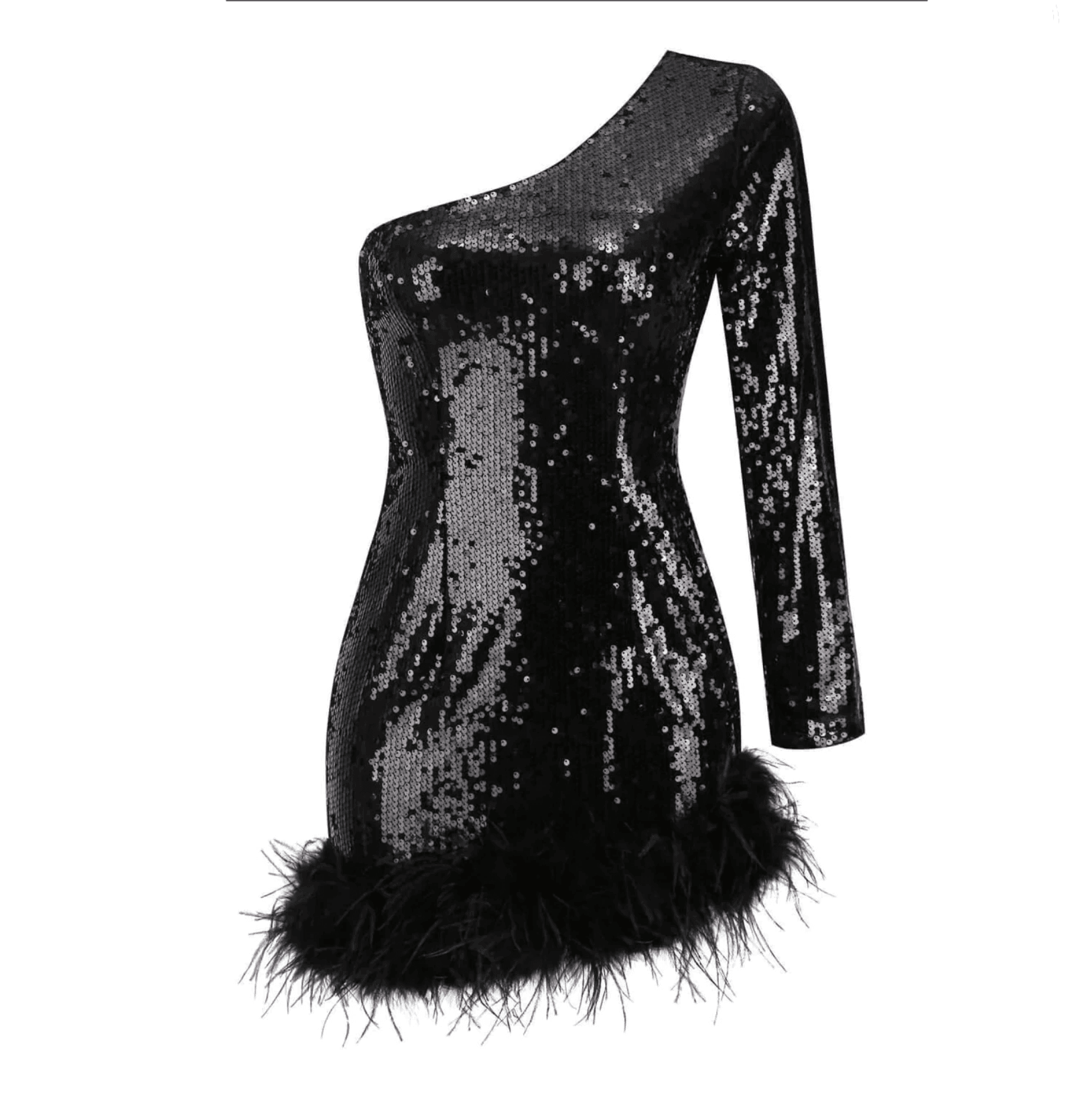 Ludmila One Shoulder Sequin Feather Mini Dress - Black / S - Be My Shine
