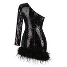 Ludmila One Shoulder Sequin Feather Mini Dress - Black / S - Be My Shine