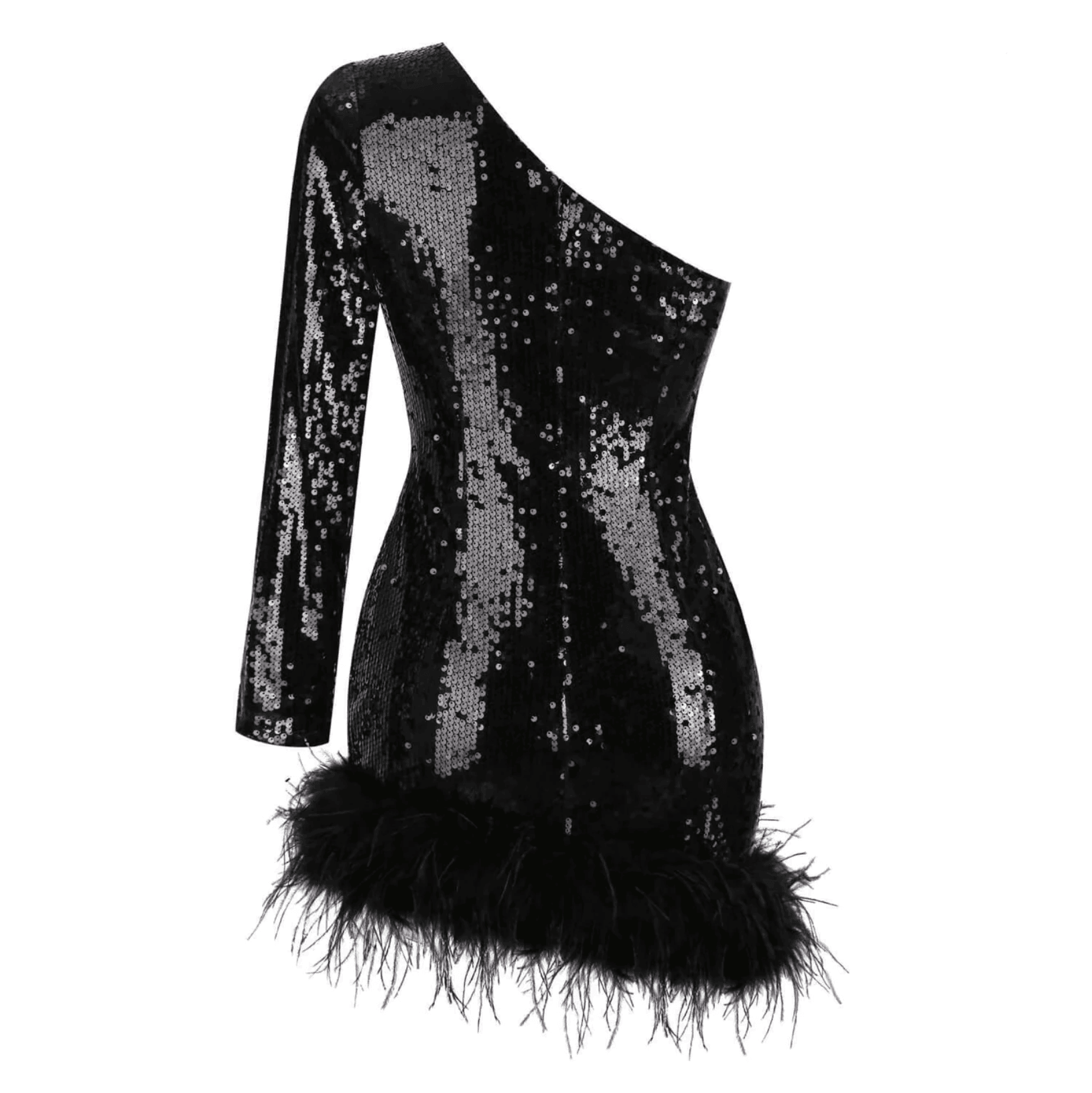 Ludmila One Shoulder Sequin Feather Mini Dress - Black / S - Be My Shine