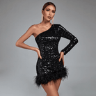 Ludmila One Shoulder Sequin Feather Mini Dress - Black / S - Be My Shine