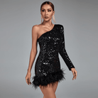 Ludmila One Shoulder Sequin Feather Mini Dress - Black / S - Be My Shine