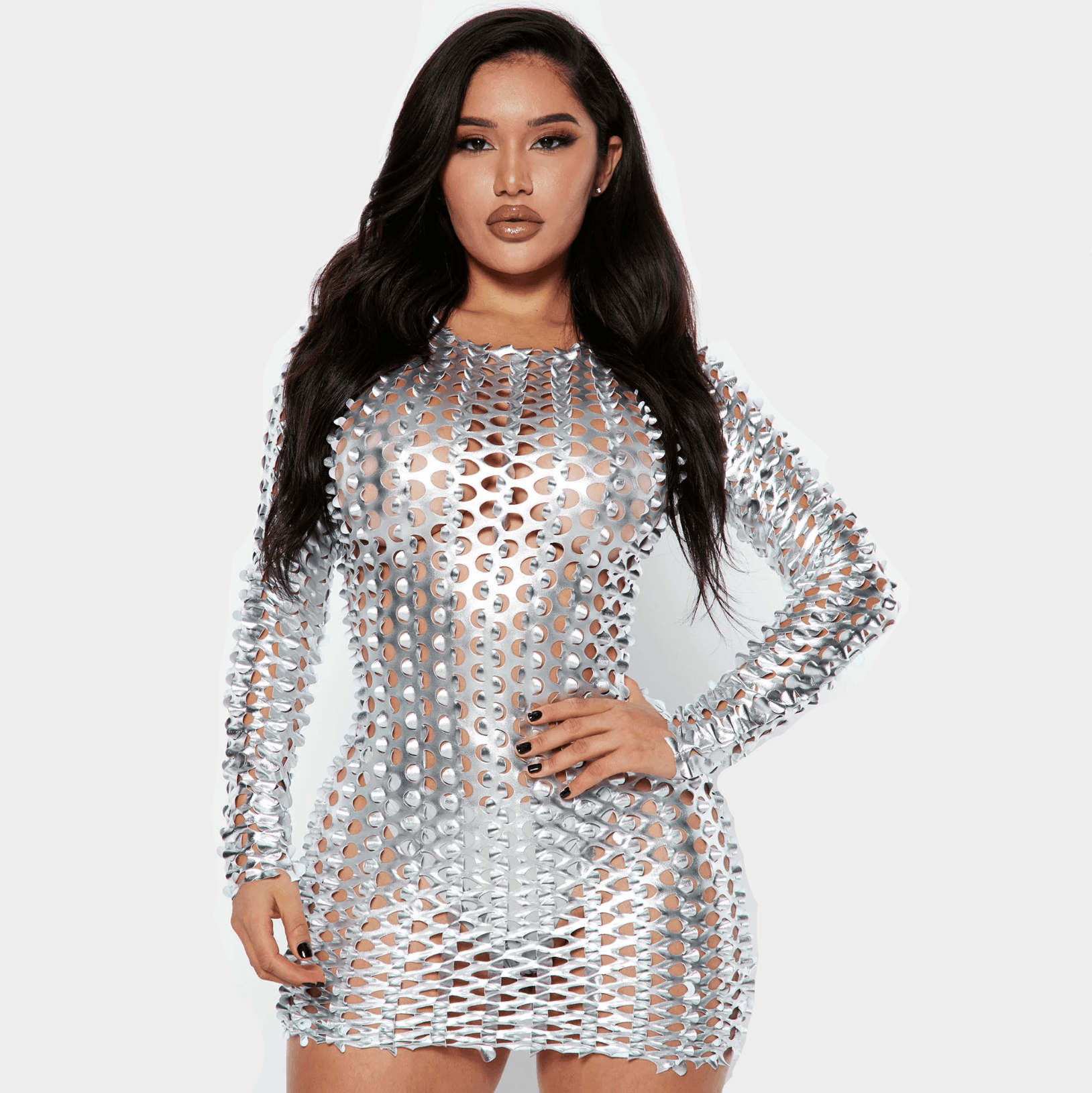 Milica Long Sleeve Hollow Mini Dress - Silver / S - Be My Shine