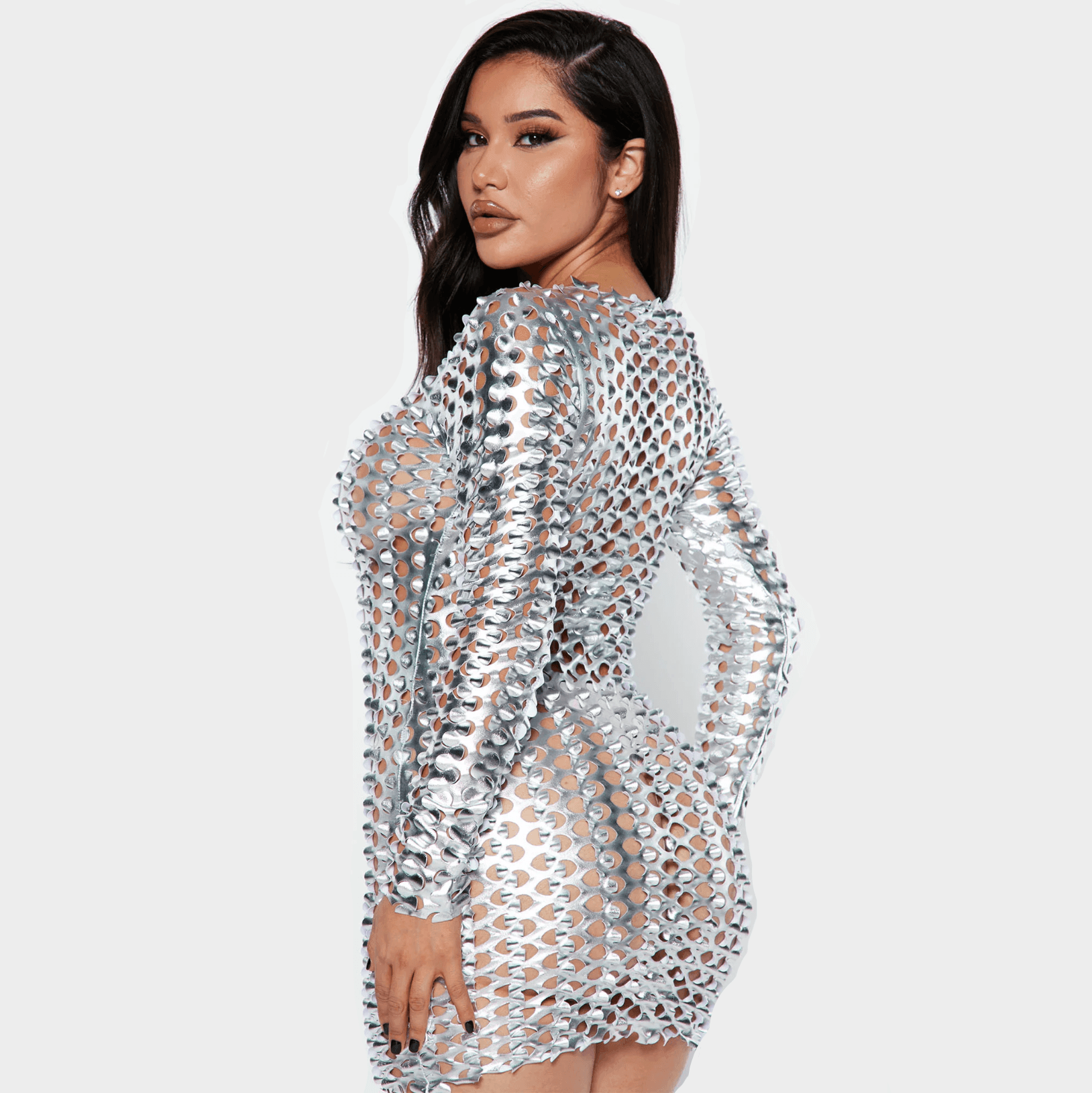 Milica Long Sleeve Hollow Mini Dress - Silver / S - Be My Shine