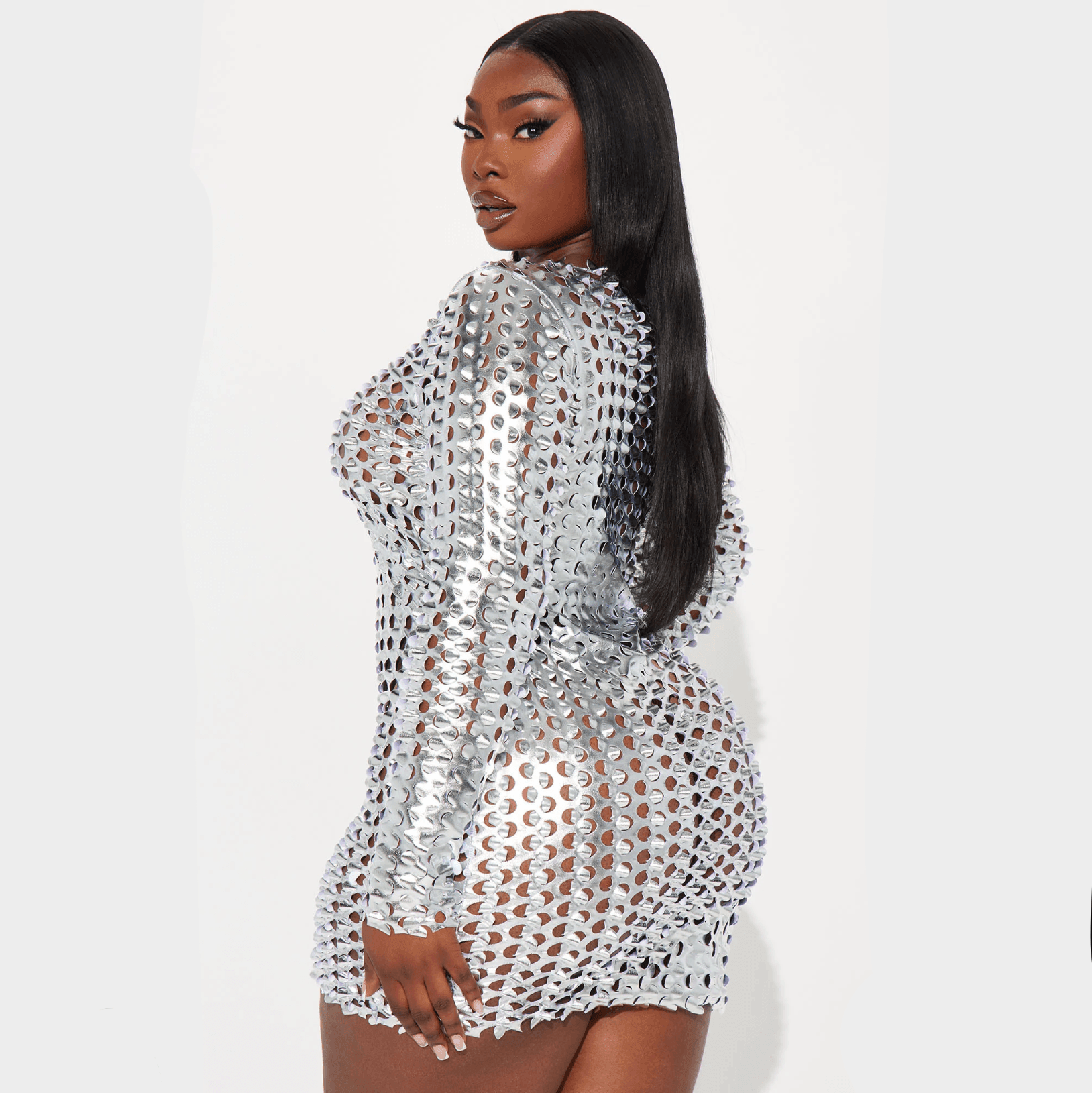 Milica Long Sleeve Hollow Mini Dress - Silver / S - Be My Shine