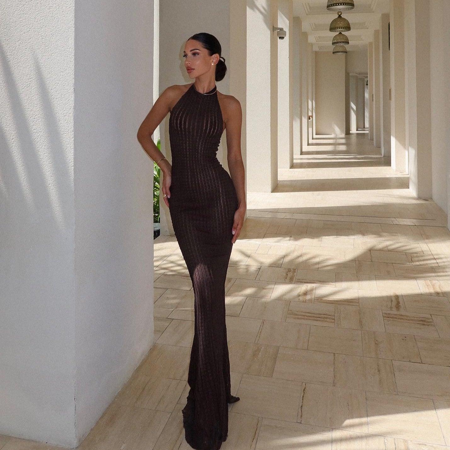 Vega Knitted Open Back Halter Maxi Dress - Brown / S - Be My Shine