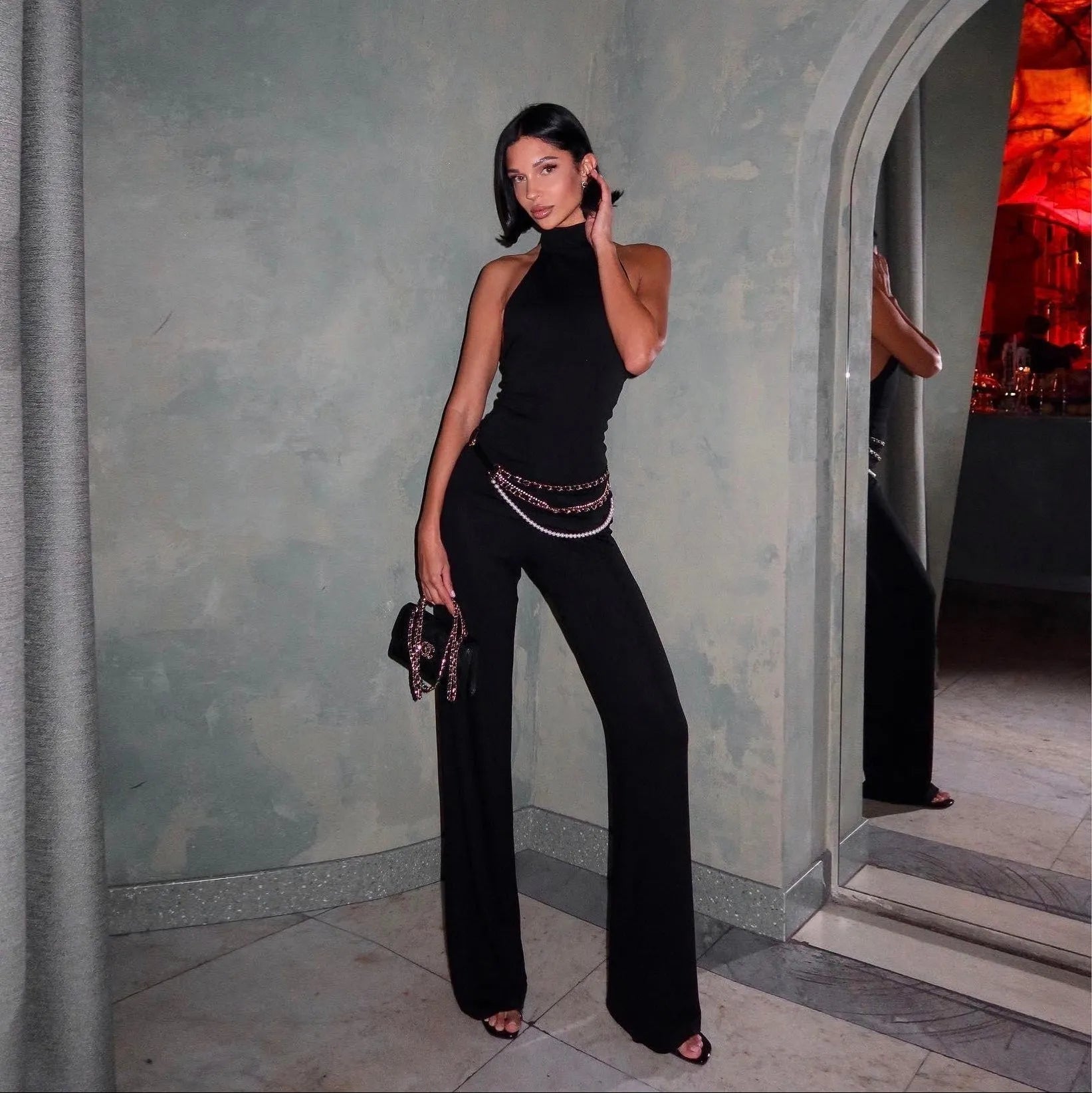 Mirelle Backless Top And Flare Pants Two Piece Set - Black / S - Be My Shine