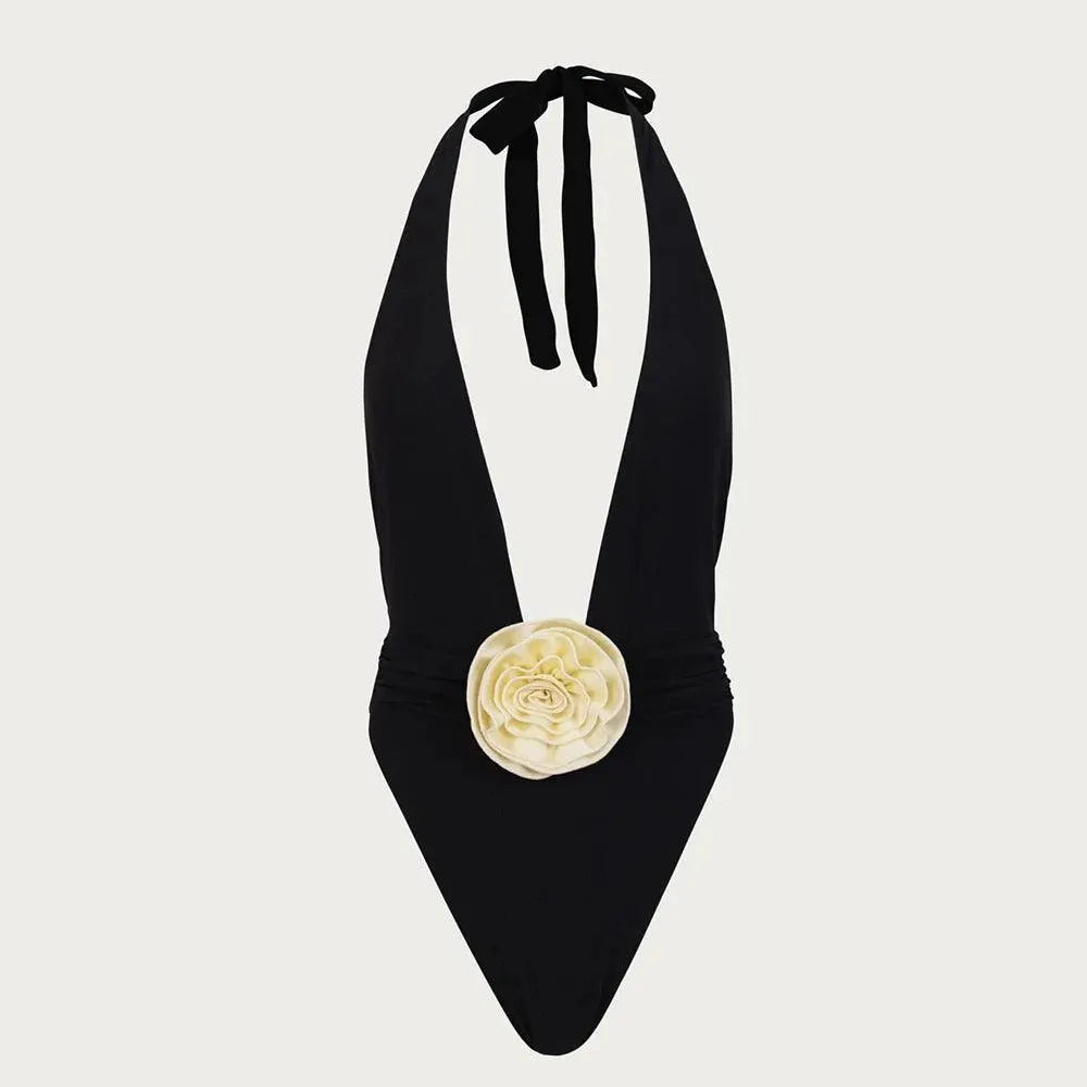 Nadia Rosette Detail Deep V Halter One Piece Swimsuit Be My Shine