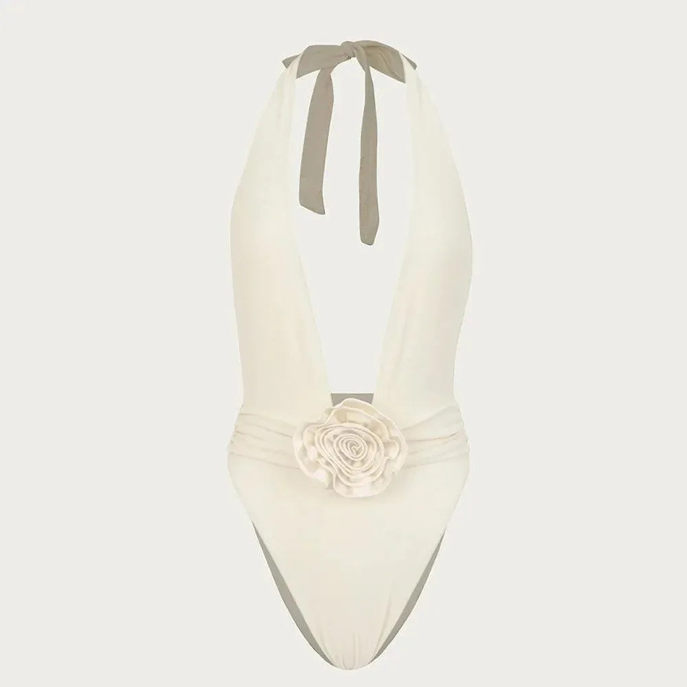 Nadia Rosette Detail Deep V Halter One Piece Swimsuit Be My Shine