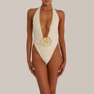 Nadia Rosette Detail Deep V Halter One Piece Swimsuit Be My Shine