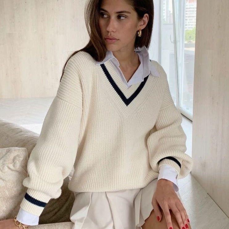 Noelia Oversized V-Neck Vintage Sweater - Beige / S - Be My Shine