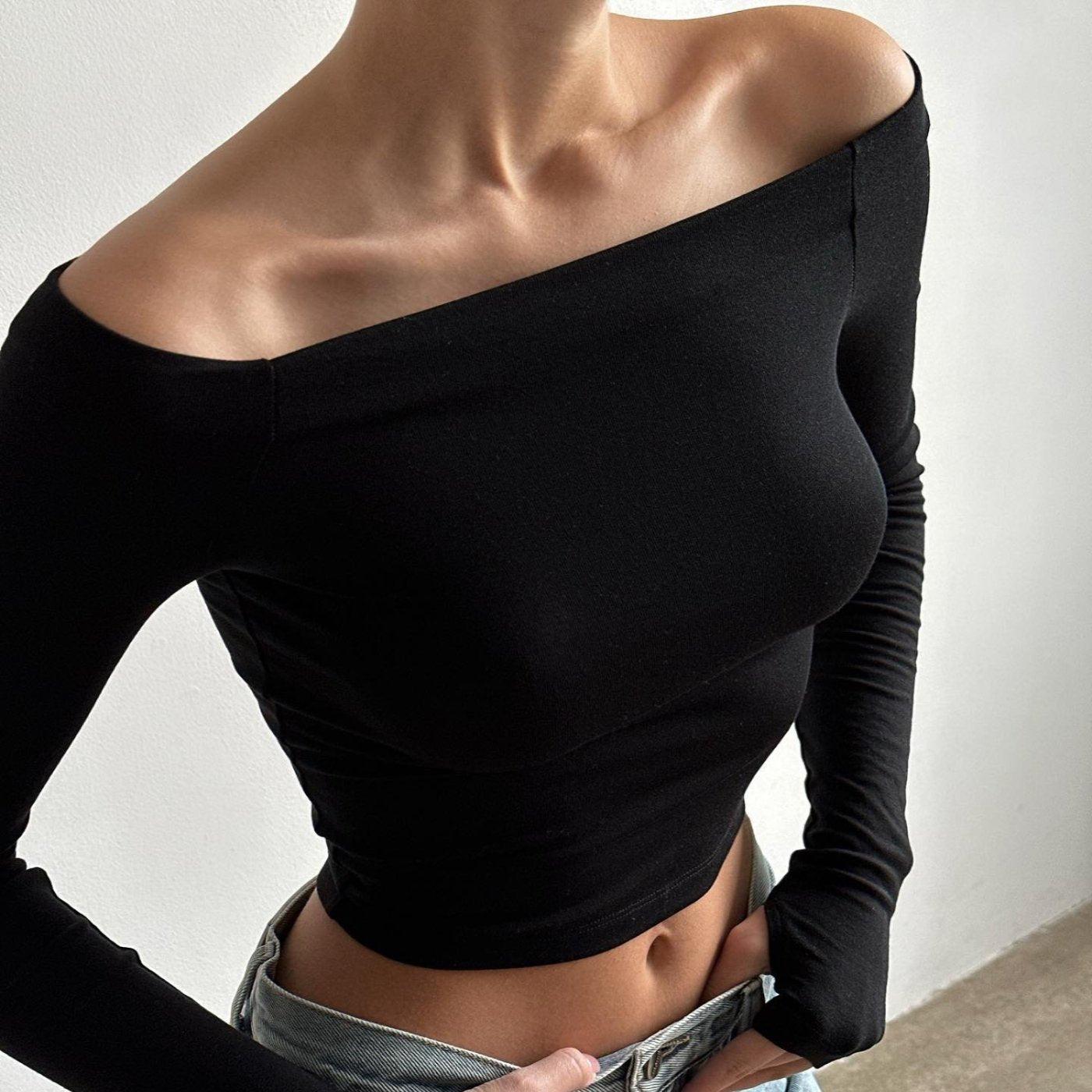 Rasha Long Sleeve Slash Neck Top - Black / S - Be My Shine