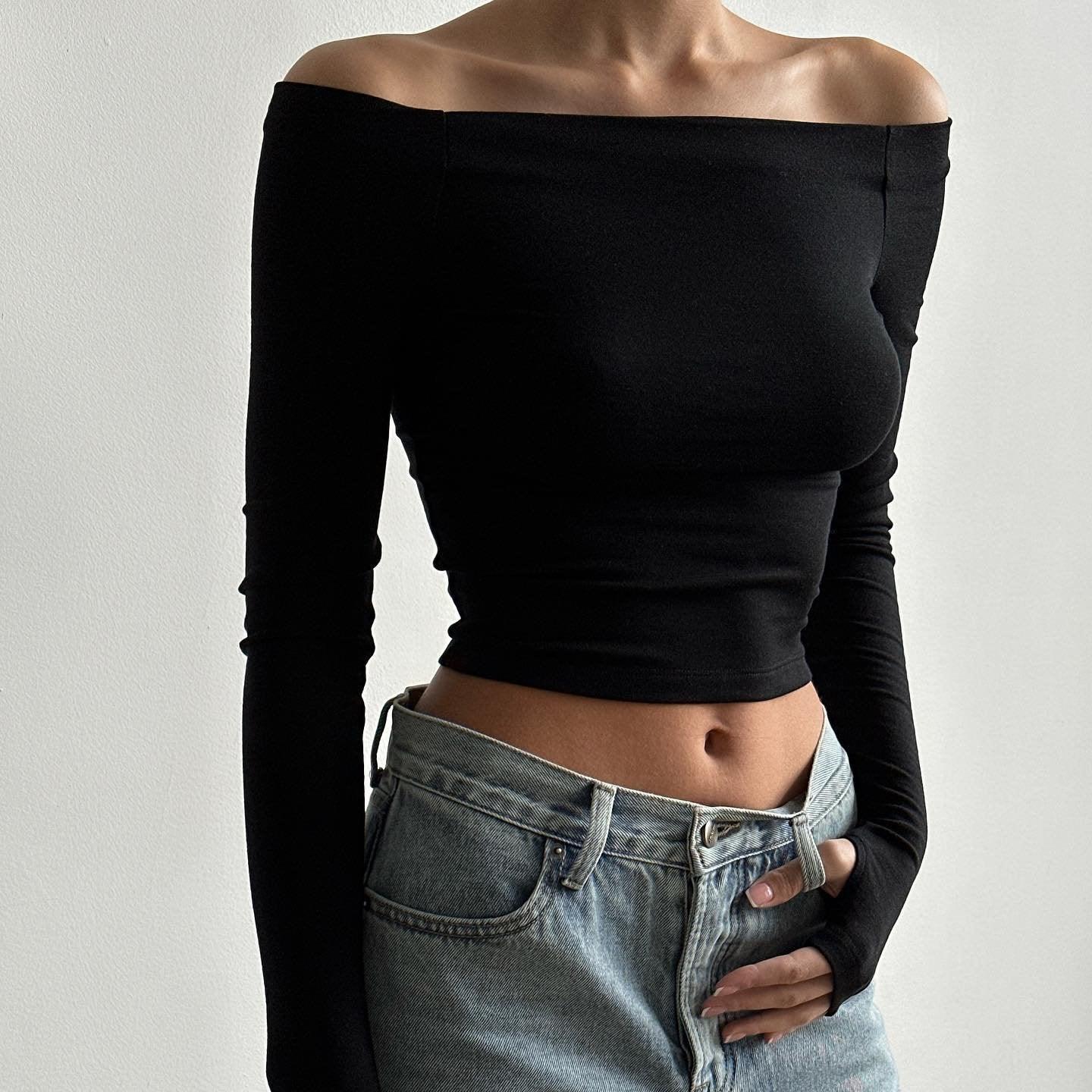 Rasha Long Sleeve Slash Neck Top - Black / S - Be My Shine