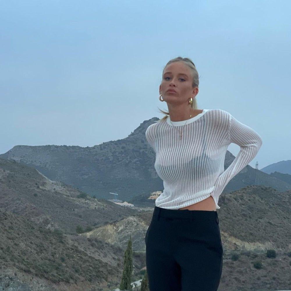 Rosario Semi Sheer Long Sleeve Rib Knit Top - S / White - Be My Shine