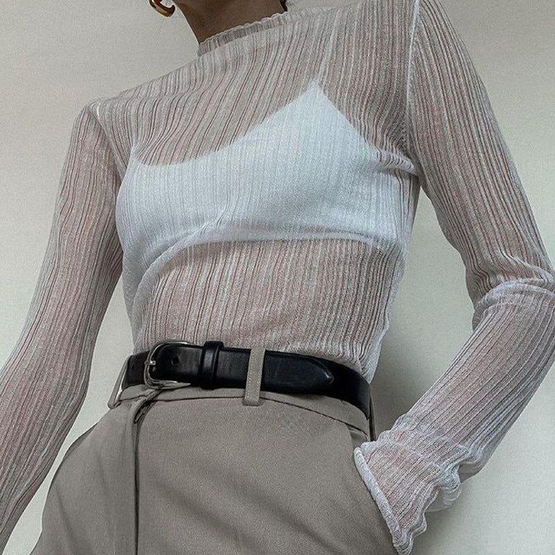 Selena Sheer Mesh Mock Neck Frill Hem Top - White / S - Be My Shine