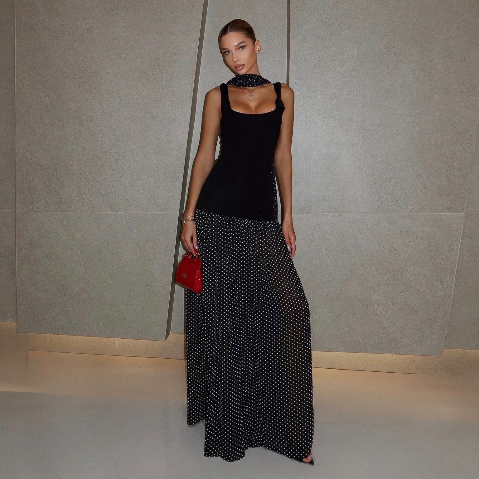 Starlit Dotfall Maxi Dress With Scarf Detail Be My Shine